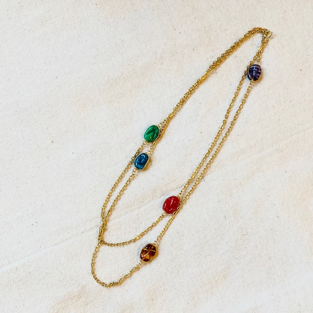 Vintage Long Colorful Glass Bead Gold Murano Style Chain Station Necklace 44”